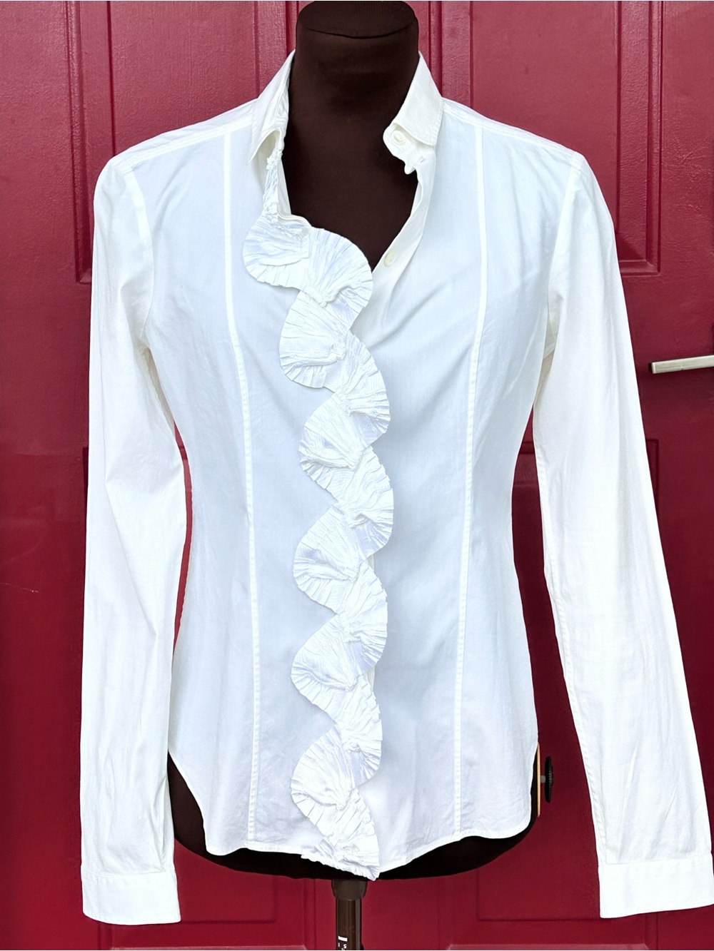 BURBERRY sXS White Ruffle-Front Button Shirt-likely vintage-pristine condition